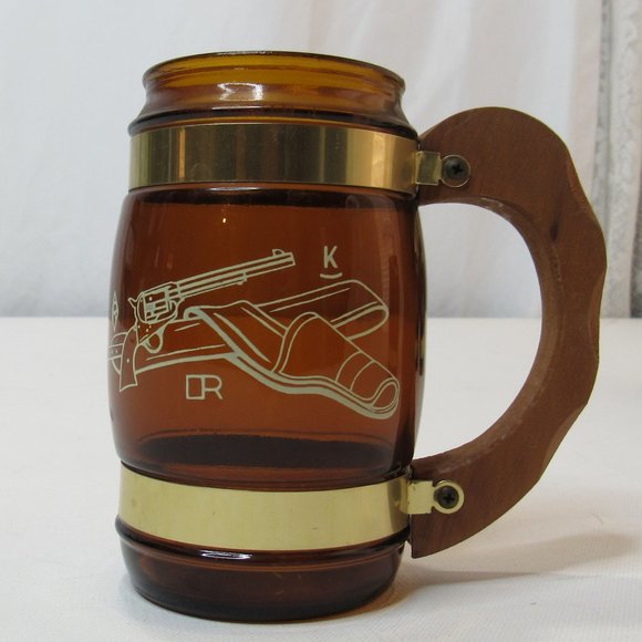 Vintage Siesta Ware Brown Barrel Amber Glass Mug Wood Handle Brass Trim Set of 5 - Picture 3 of 12